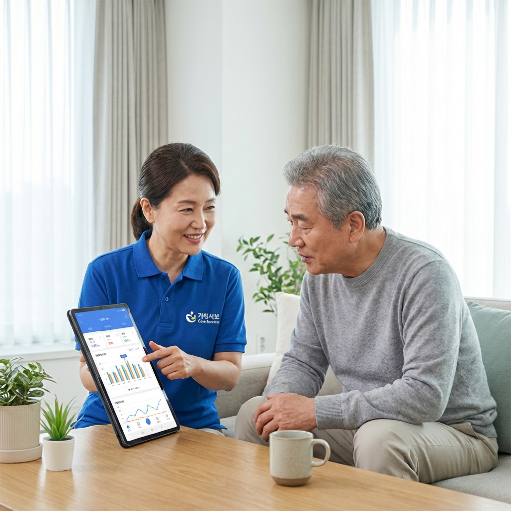 Professional caregiver using technology
