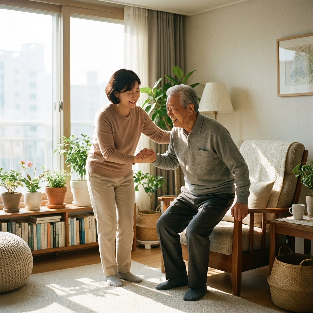 Friendly caregiver helping a senior